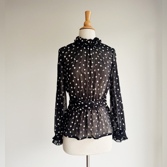 NWOT ZARA Black Sheer High Neck Ruffle Blouse XS - Picture 8 of 11